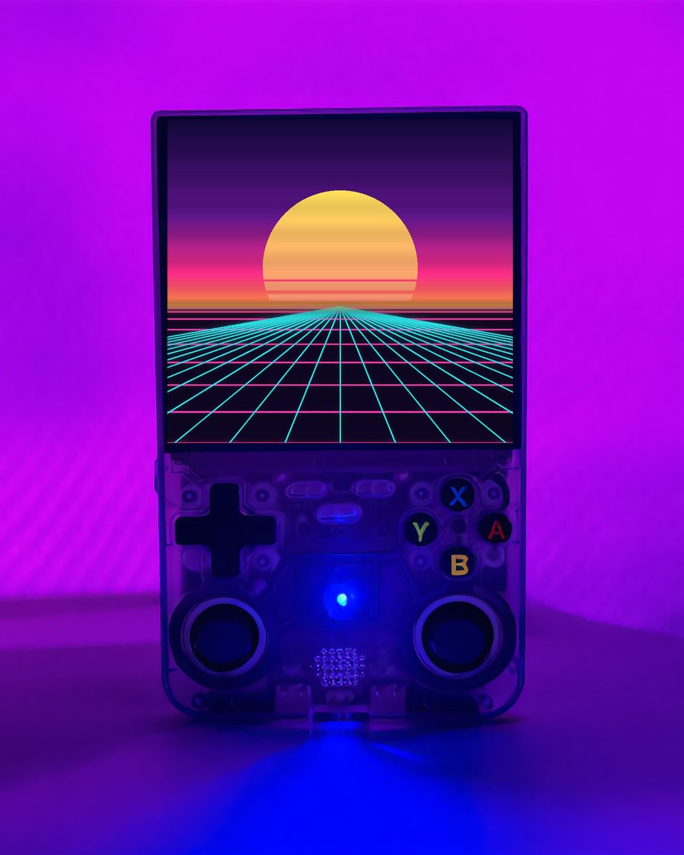 Retro Ultra handheld in clear purple on a neon background