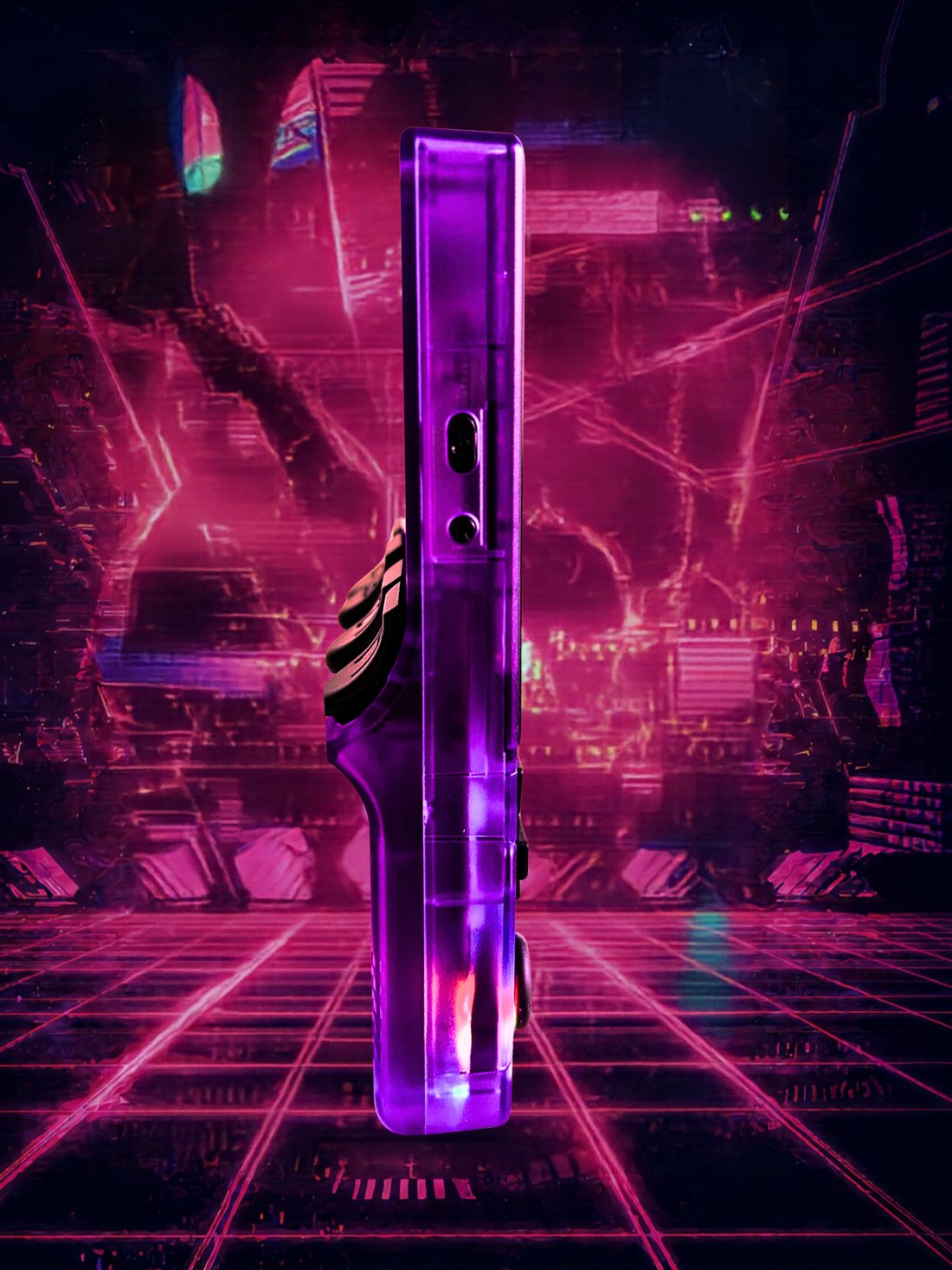 Side view of the clear purple Retro Ultra showing the spring trigger buttons