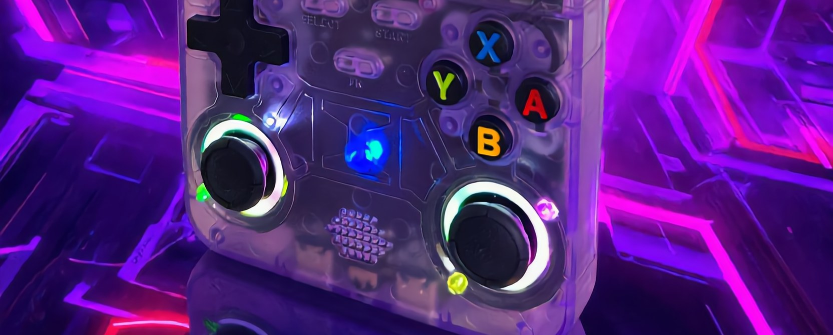 Close-up of the clear purple Retro Ultra with glowing joystick rings