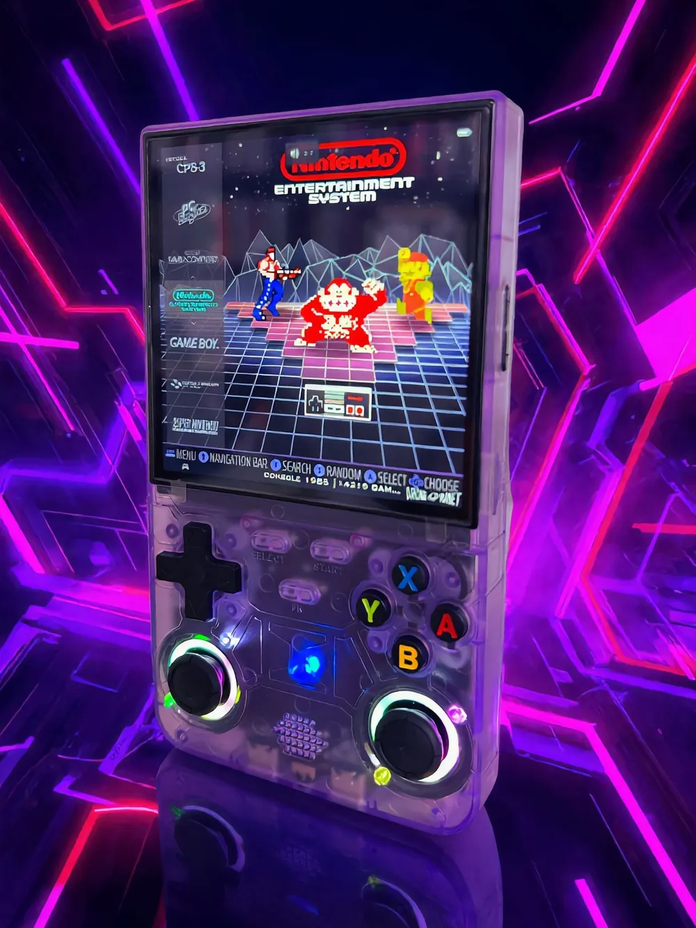 Retro Ultra handheld in clear purple with lit-up joysticks on a neon backdrop